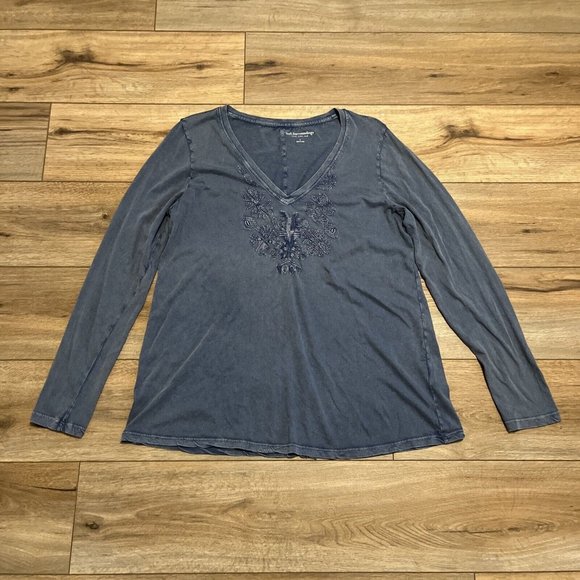 Soft Surroundings T Shirt SZ Large Blue Embroidered V Neck Long Sleeve India - Picture 1 of 10